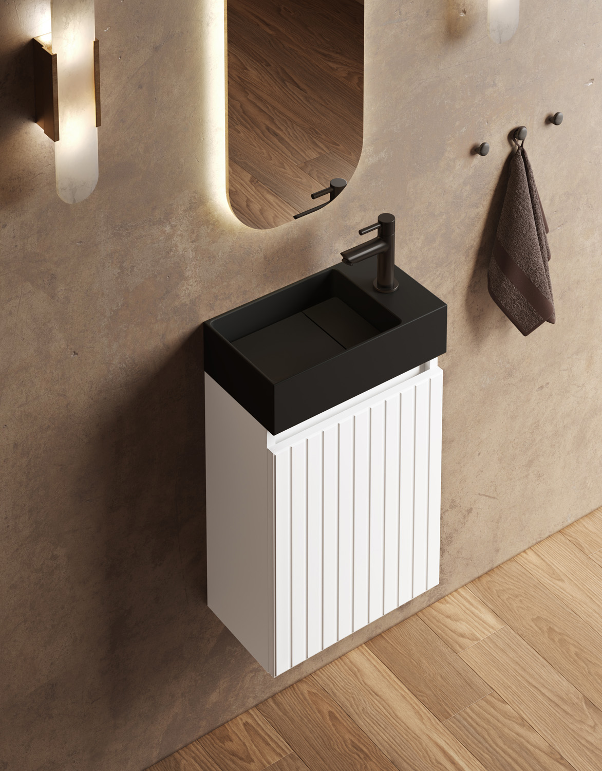 Fontana Itsie toiletmeubel mat wit ribbelfront 40cm met fontein in mat zwart