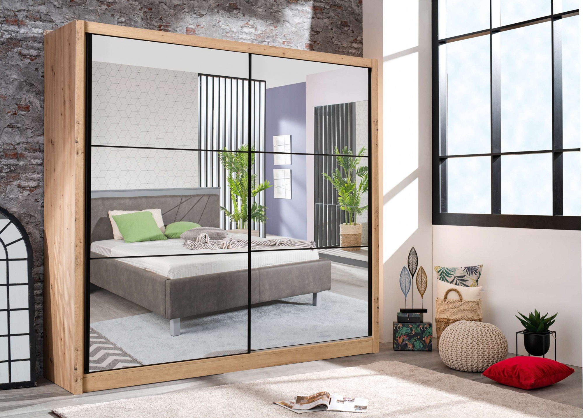INOSIGN Schwebetürenschrank »Navara Kleiderschrank mit Spiegel Wäscheschrank« mit kompletter Spiegelfront, FSC®-zertifiziert, 213,5x215,5x61cm