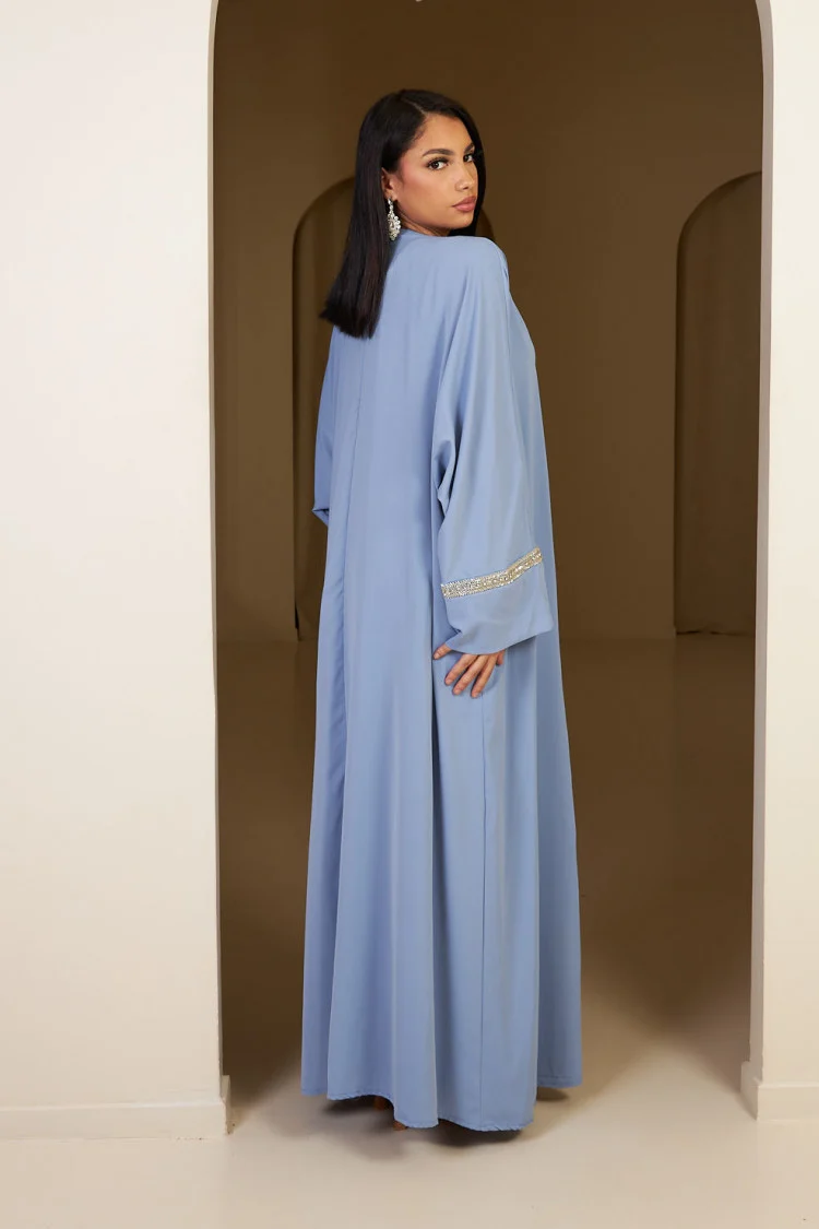 Ensemble 3 pièces abaya + gilet + voile à perles bleu clair