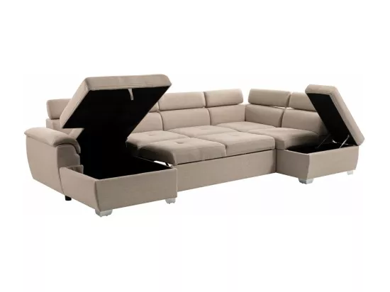 Canapé d'Angle Panoramique 6 Places Paola Convertible en Tissu Avec Coffres - Beige - L322 x P196 x H76cm - Loungitude