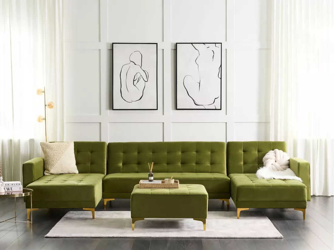 Canapé modulable 5 places en forme de U velours vert avec ottoman ABERDEEN