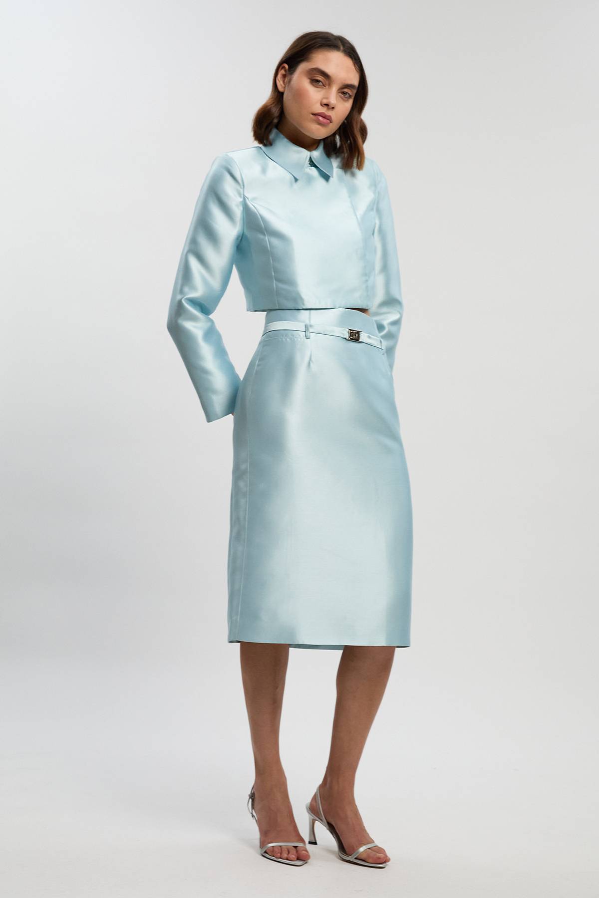 KarenMillen The Founder Satin Twill Belted Tailored Midi Skirt