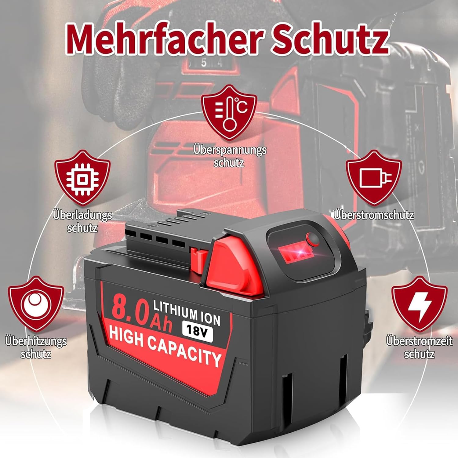 4 × 18V 8.0Ah Ersatz für Milwaukee Akku 18V, Kompatibel mit Milwaukee Akku M18 48-11-1852, 48-11-1850, 48-11-1840, 48-11-1830, 48-11-1820 mit LED-Anzeige (4 × 8.0Ah)