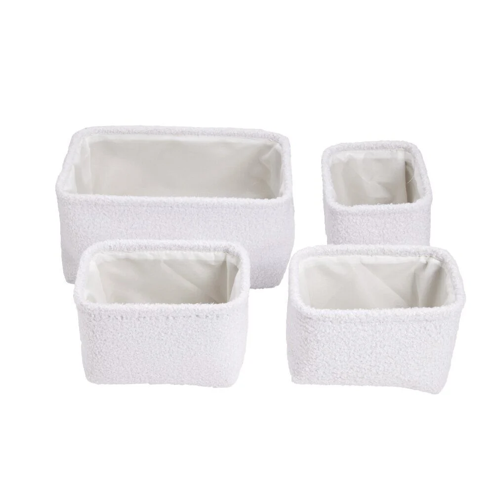 Set de 4 panières tissu bouclette blanc 2 tailles 36x16xH26cm et 23x16xH14cm