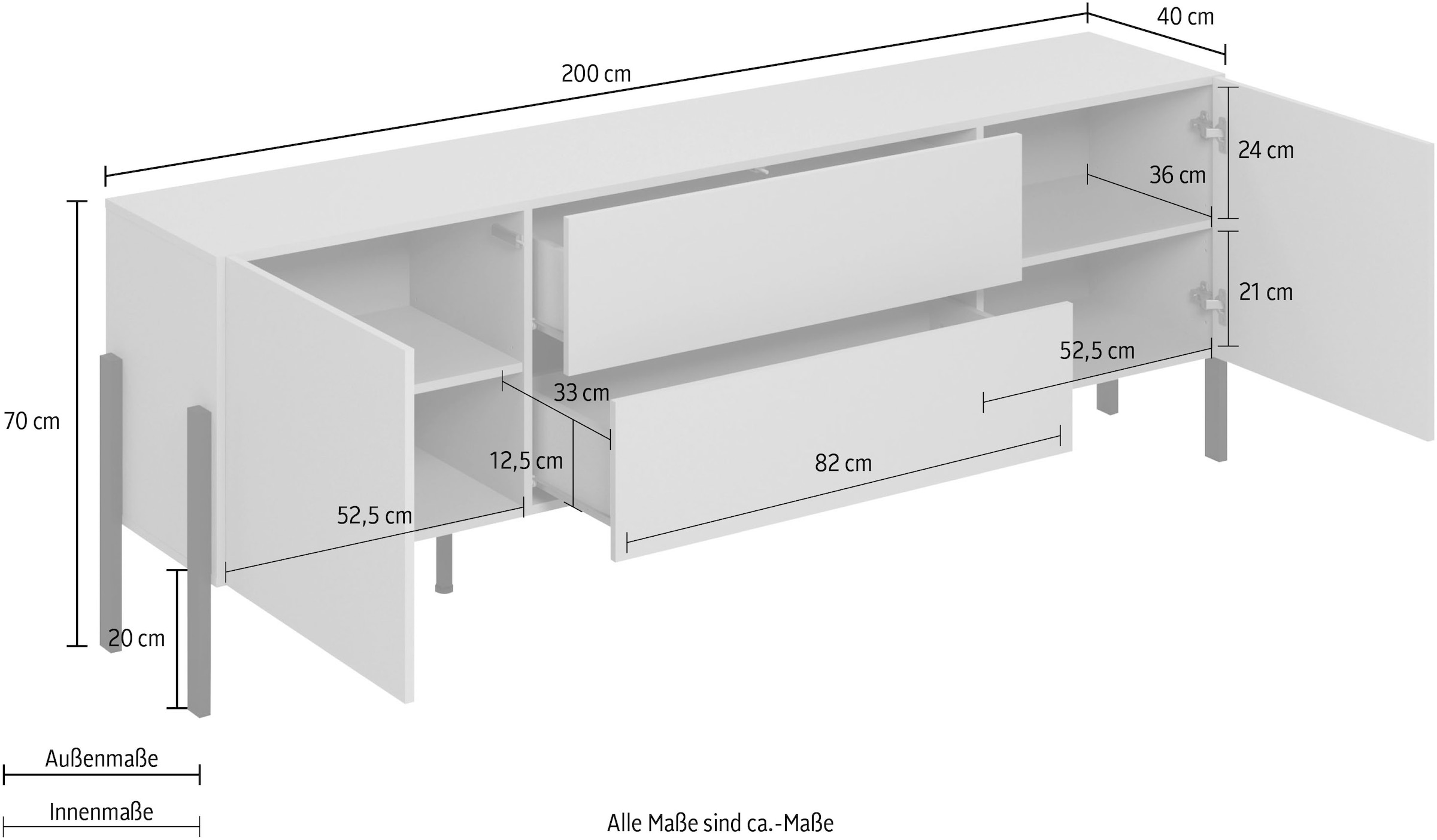 INOSIGN Lowboard »Jukon,Breite 200 cm, moderne grifflose TV-Kommode,2 Türen/2 Schubladen« TV-Schrank mit viel Stauraum, TV-Board, push-to-open-Funktion