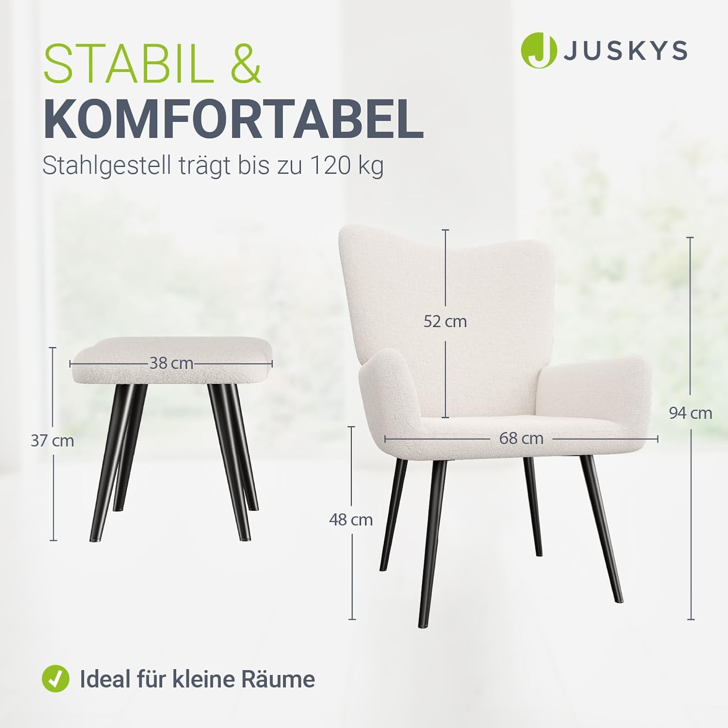 Juskys Ohrensessel Odense mit Hocker, Relaxsessel mit Bouclé-Stoff, skandinavischer Stil, hoher Rücken & gepolstert, Stahlgestell – Beige