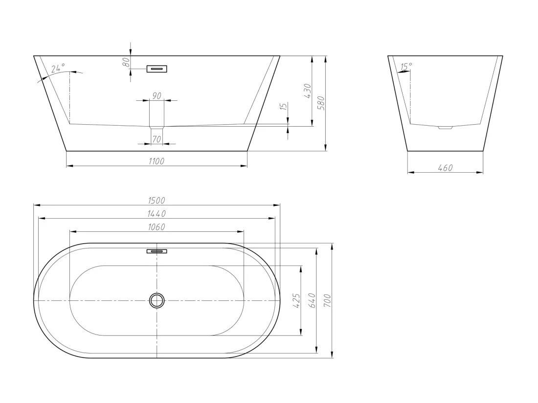 Baignoire îlot design - 201 L - 150 x 70 x 58 cm - Blanche - TWIGGY