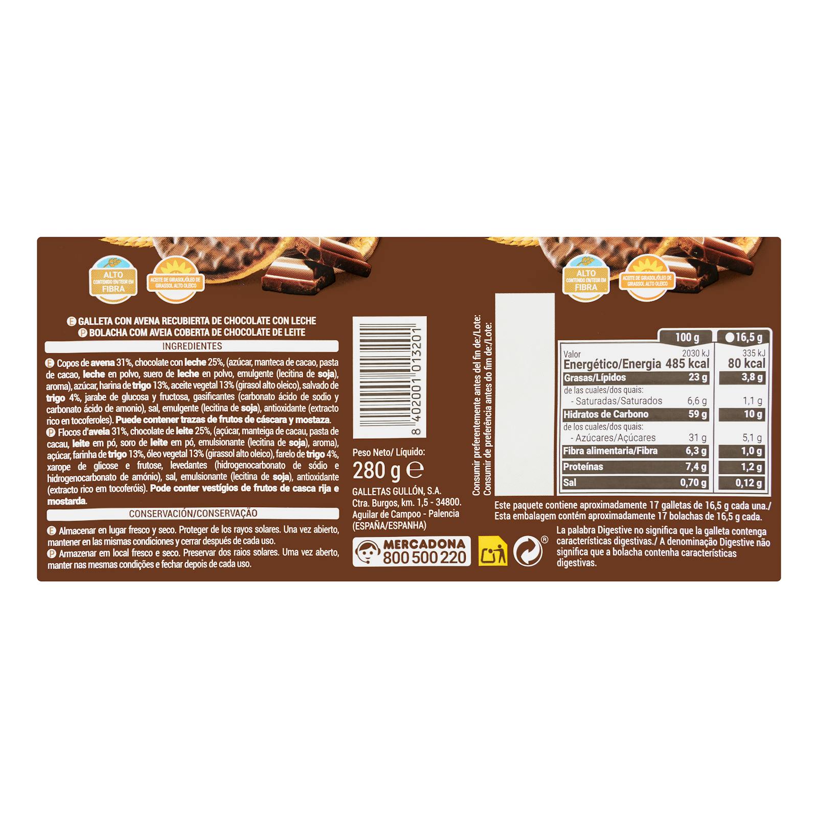 Biscuits digestifs à l'avoine et au chocolat au lait Hacendado