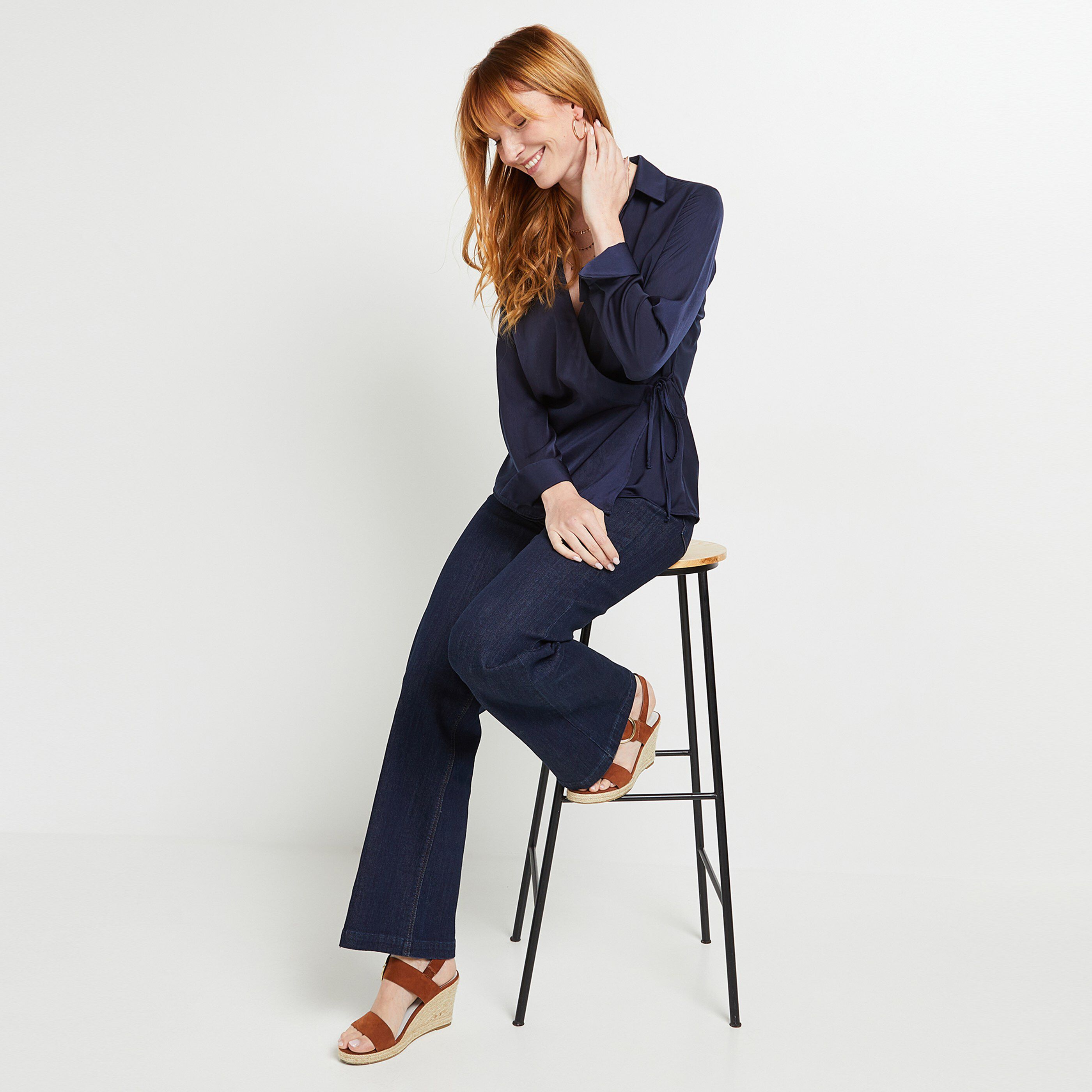 Blouse cache coeur satin femme - MARINE