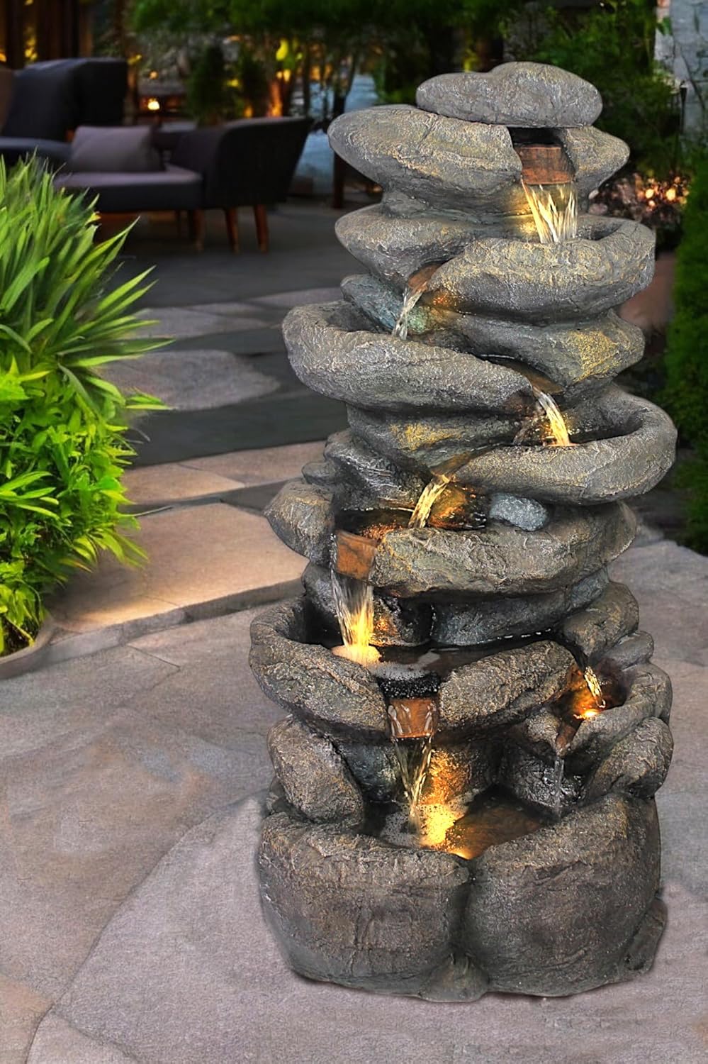 Großer Gartenbrunnen BK902 mit LED Beleuchtung Felsen Wasserfall Springbrunnen große Gartendeko Steinoptik 100 cm