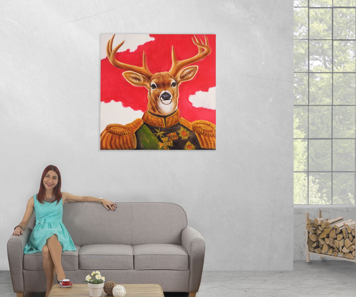 Wandbild Hirsch, 100% handgemaltes Ölgemälde Gemälde XL, 100x100cm