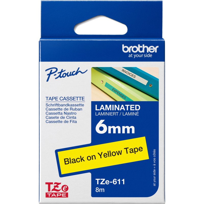 Ruban laminé Brother 6 mm TZE 611 jaune écriture noire