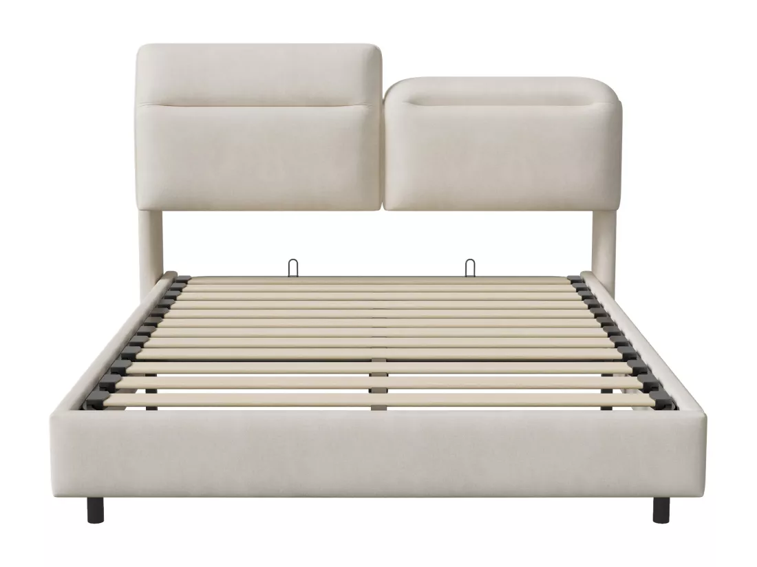 Lit coffre 160x200cm en tissu velous - avec tête de lit pliante et sommier à lattes - Beige