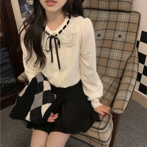 Malrowe - Blouse met lange mouwen, kanten kraag en strik / V-hals Argyle trui/vest