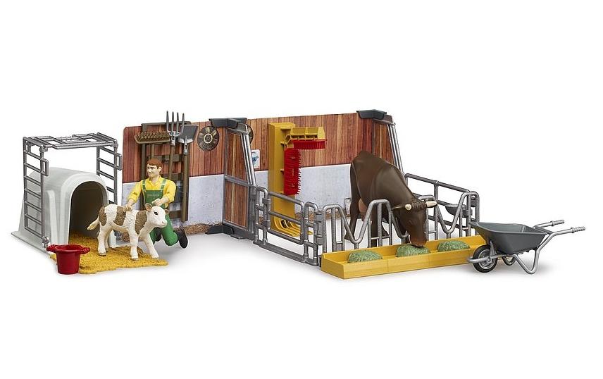Kuh- und Kälberstall mit LandwirtBauernhof-Spielset mit beweglichen Figuren, Tieren und Zubehör