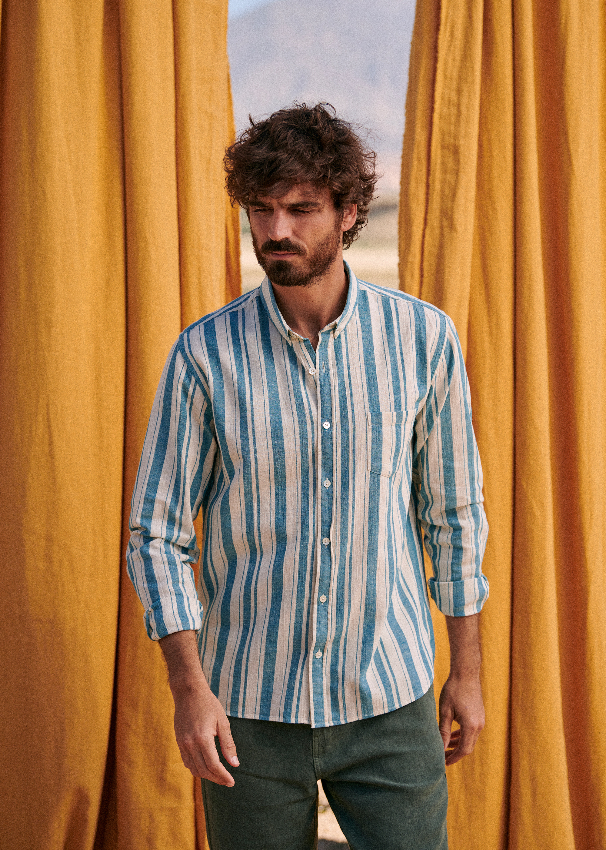 Chemise Charlie Coton Lin - Rayures Écru Turquoise - POUR LUI 5906586