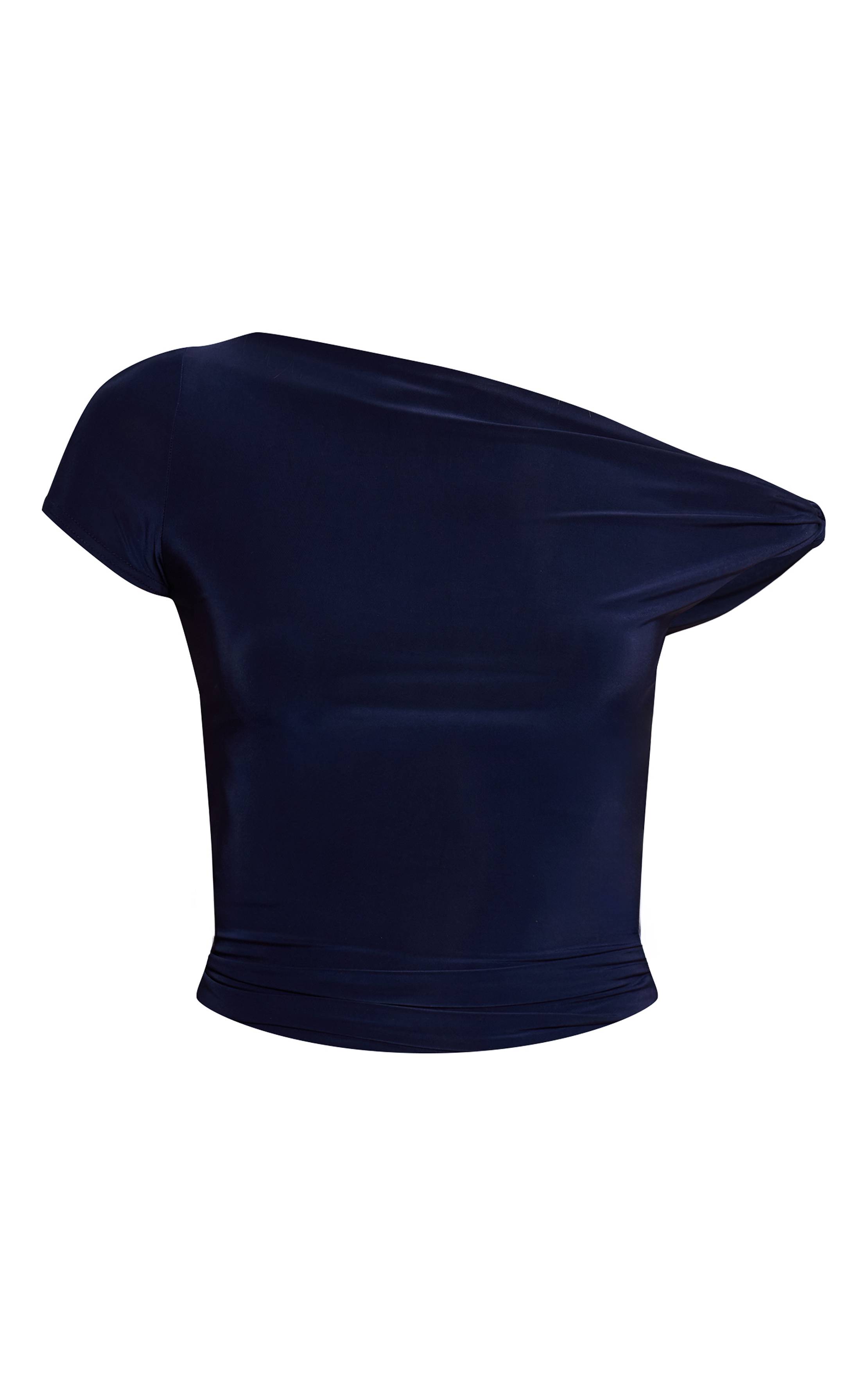Bleu Marine Haut Long Asymétrique Double Couche En Tissu Slinky Avec Détail Nœud