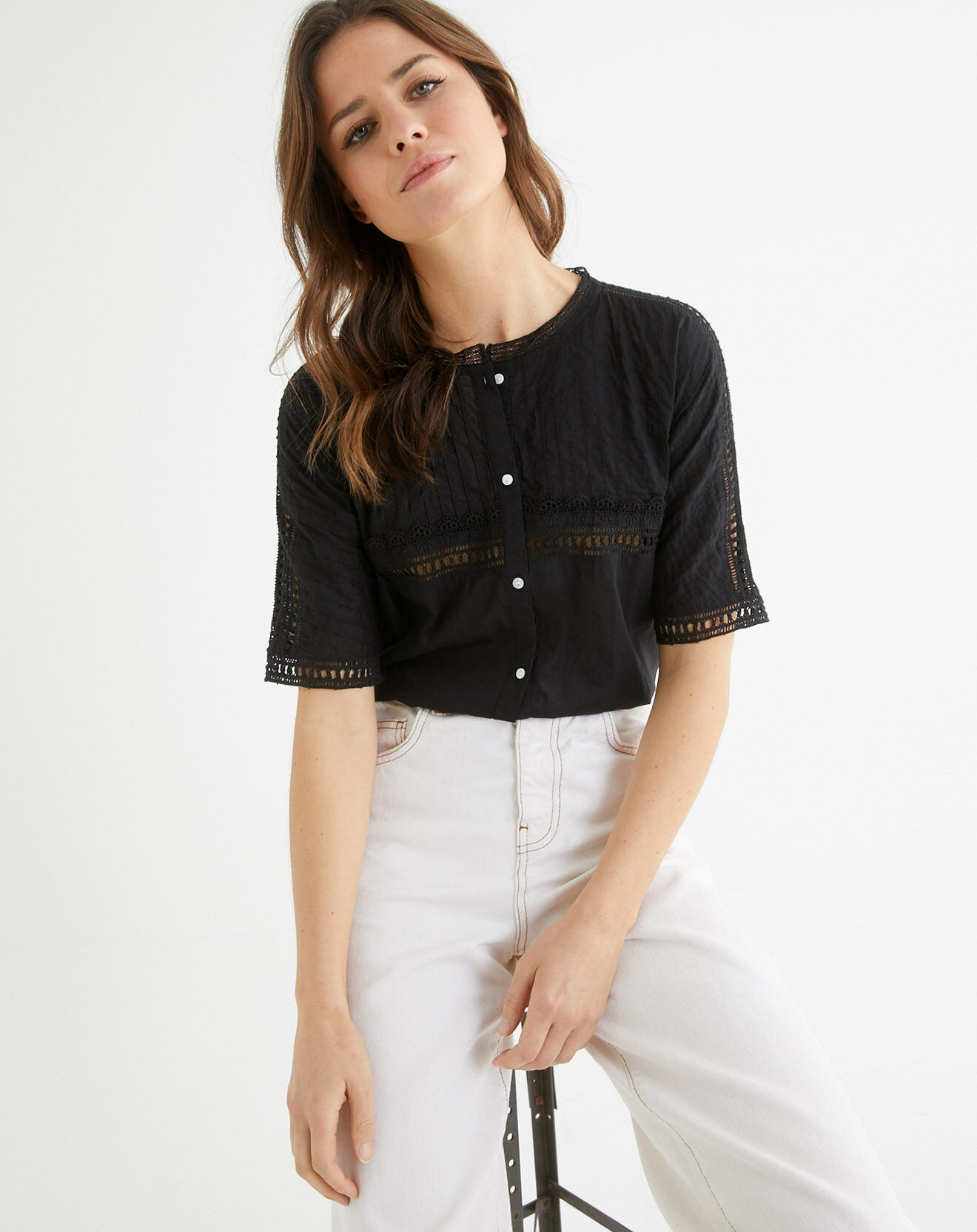 Cyrillus Blouse à plis & dentelle noire