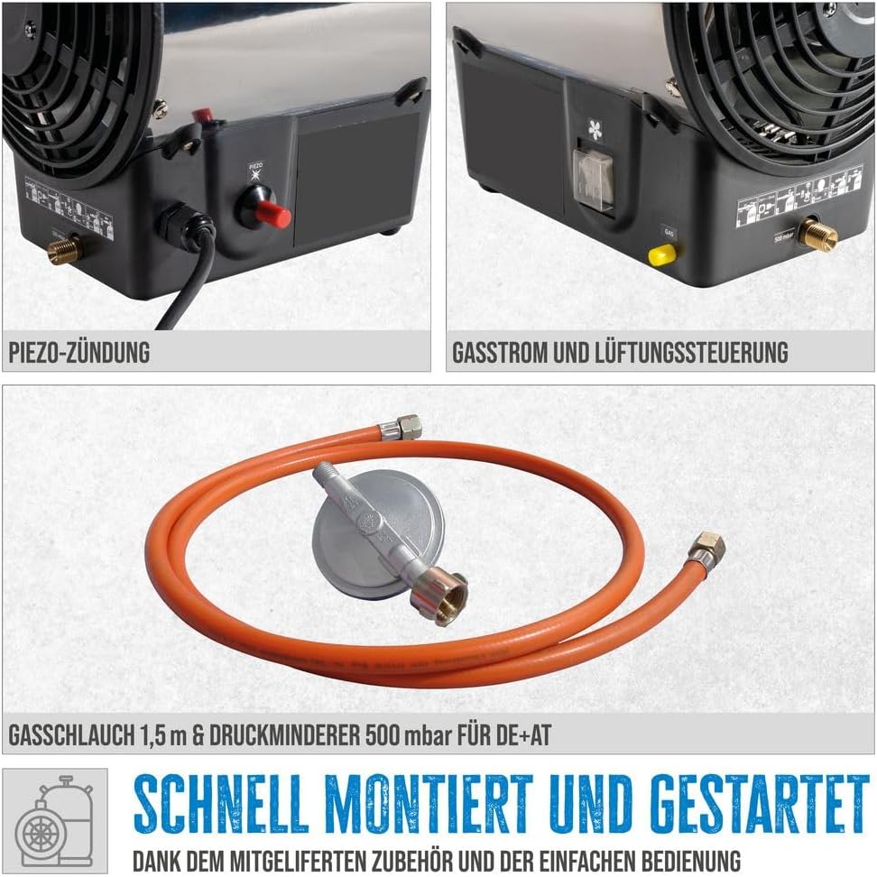 Güde 85006 Gasheizgebläse GGH 17 INOX (17kW, Edelstahlbrenner, Edelstahlgehäuse, Schlauch 1,5 m, Druckminderer)