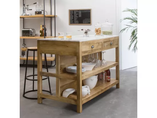 Ilot central en bois de manguier et marbre blanc Louisa