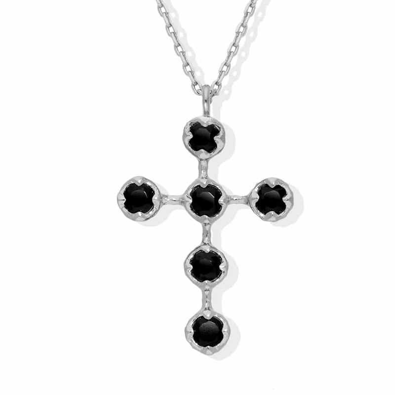 Collier Argent Rhodié Croix Antique Spinelle Noire