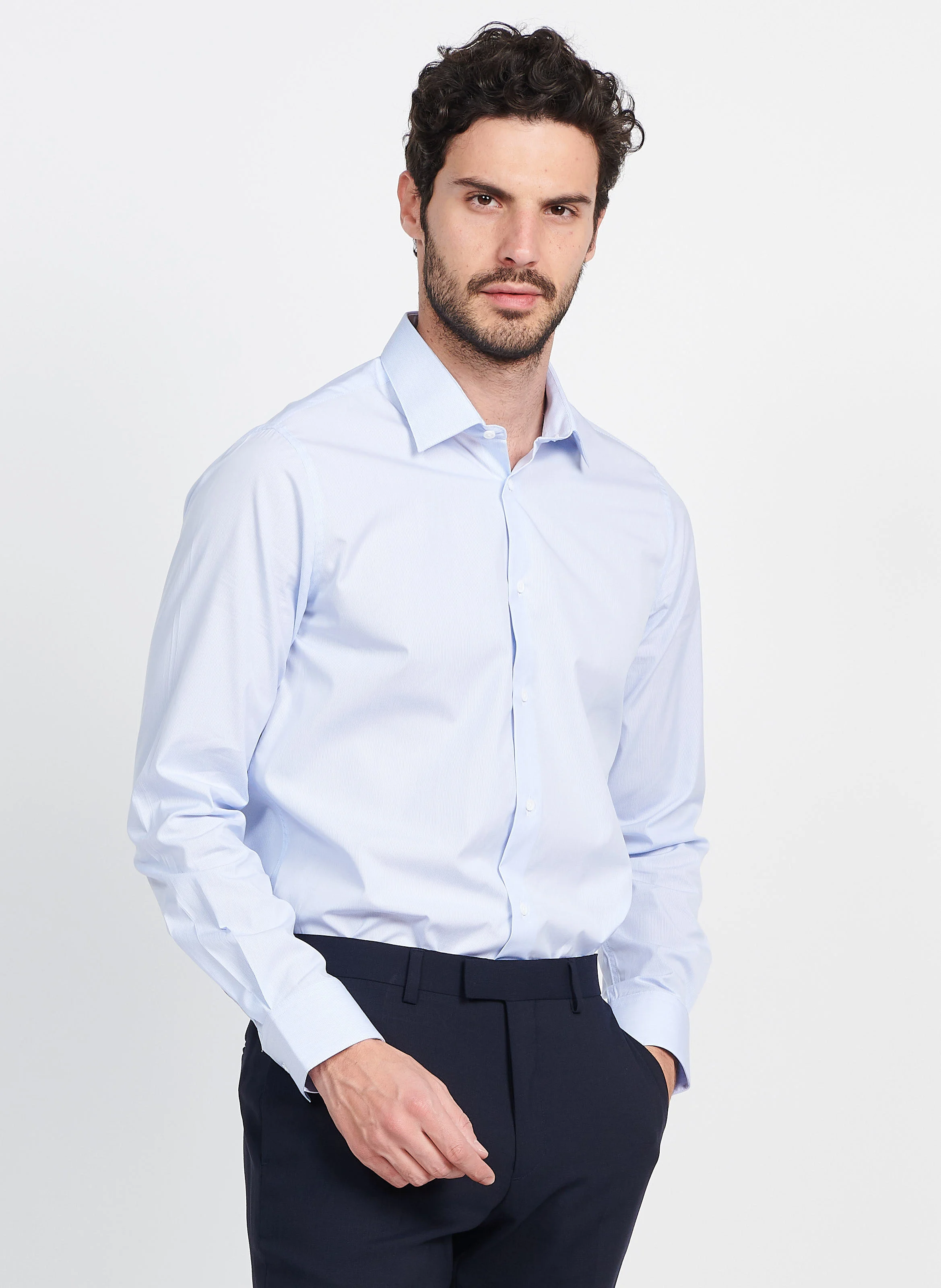 Chemise col classique slim-fit rayée en coton| Bleu