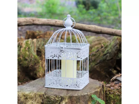 Cage à oiseaux décorative ancienne métal blanc 18x18x40cm