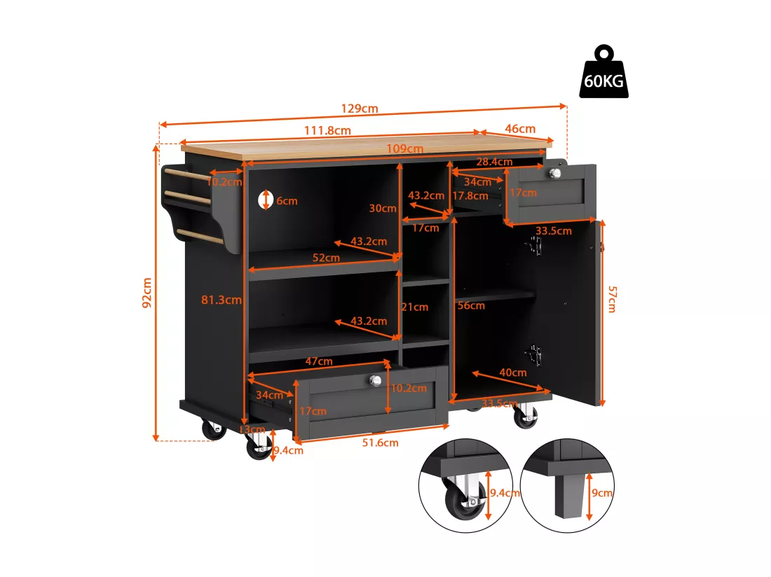 Ilot central de cuisine mobile avec une porte, 2 tiroirs et étagères de rangement ouverts - 129 x 46 x 92 cm - Bois MDF - Noir