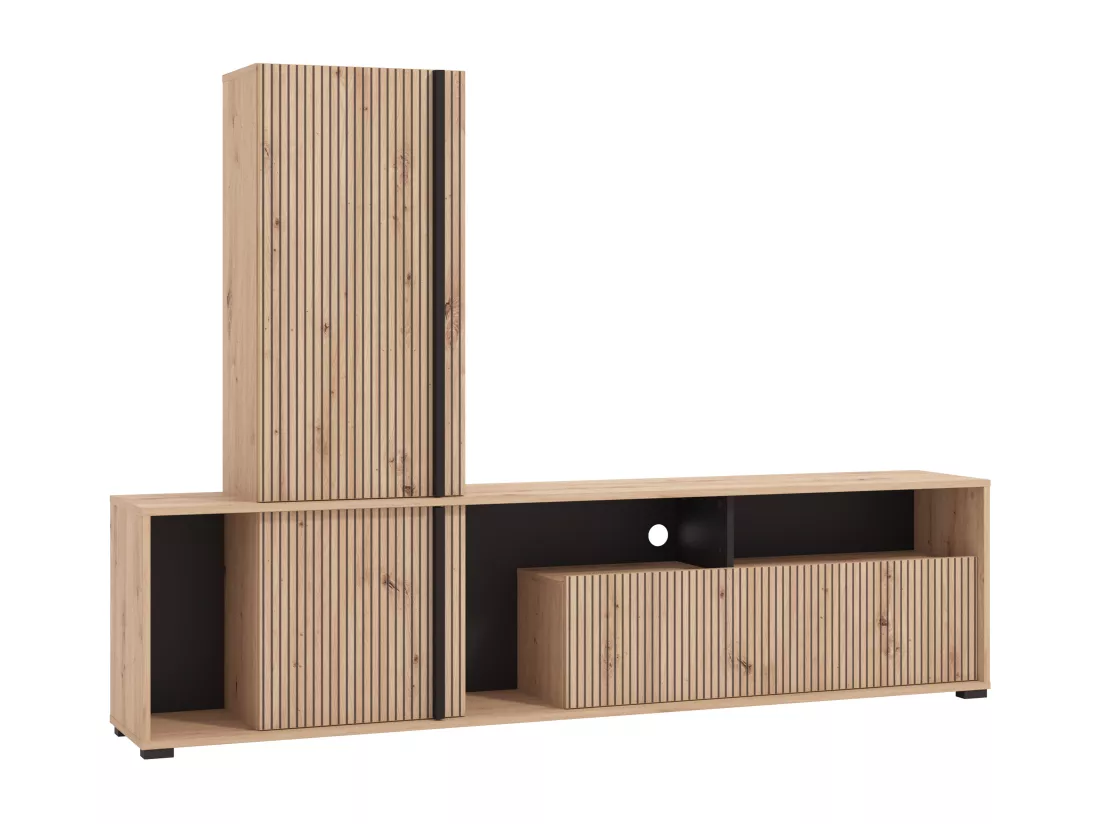 Mur TV avec 3 portes et 3 niches - Naturel clair et noir - BELUTZY