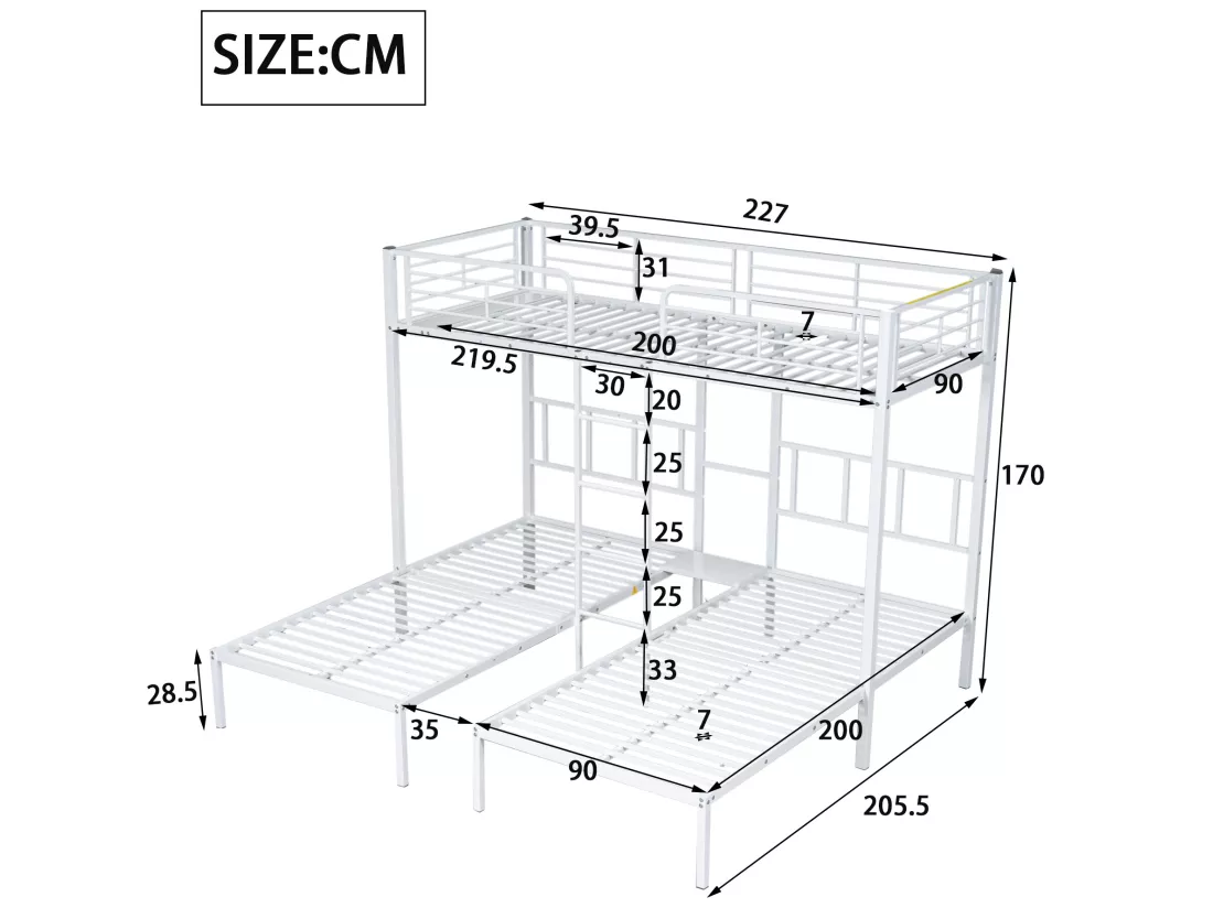 Lit superposé triple 3x90x200cm avec échelle et un plateau - cadre en métal - Blanc