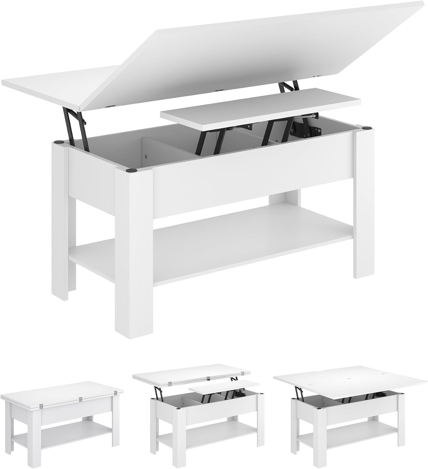 Couchtisch Höhenverstellbar, 3-in-1-Multifunktions-Wohnzimmertisch, Kaffeetisch, Versteckter Aufbewahrung, Offenes Fach, Als Esstisch nutzbar, für Wohnzimmer, Büro, Weiß
