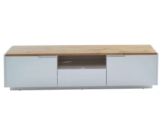 Meuble TV AMANI - 2 portes & 1 tiroir - MDF - Coloris: Blanc laqué et chêne