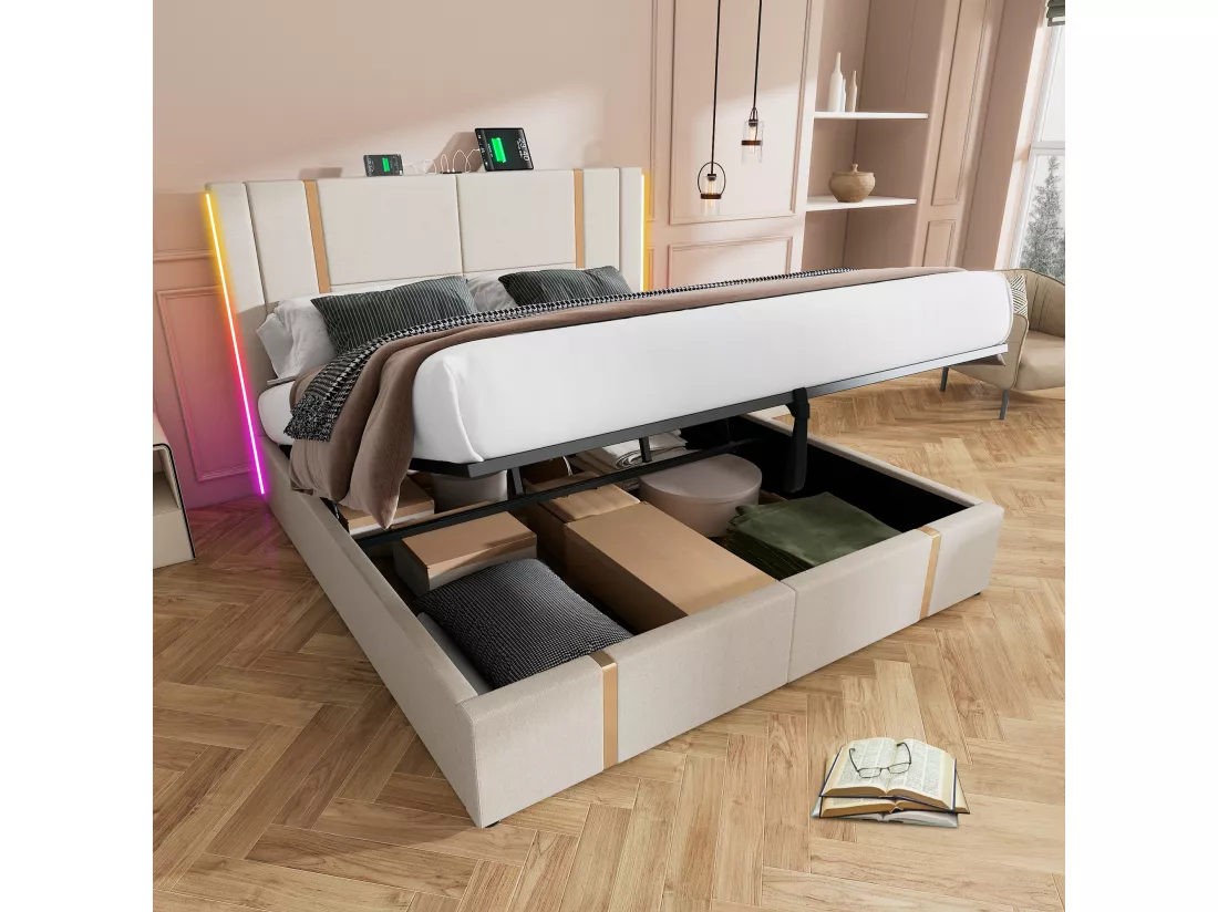 Lit coffre 180 x 200 cm avec tête de lit - Prises USB et Type-C - LEDs - Tissu en lin - Beige (sans matelas)