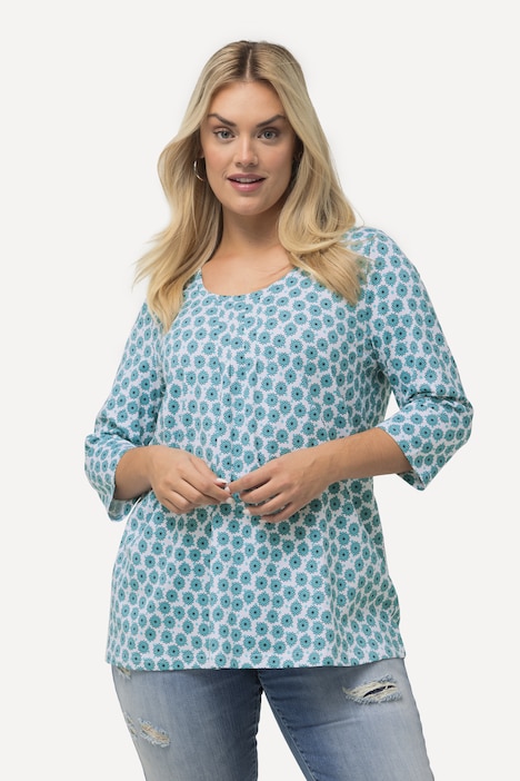 T-Shirt, Blüten, A-Linie, Zierfalten, Rundhals, 3/4-Arm