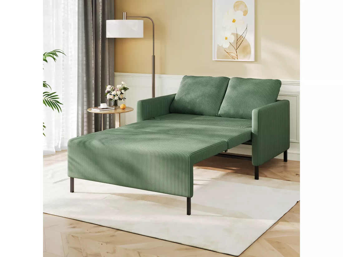 Canape 2 places convertible clic-clac, en Velours côtelé vert, Couchage 170 cm, Matelas 10 cm, pour Studio/Salon/Chambre