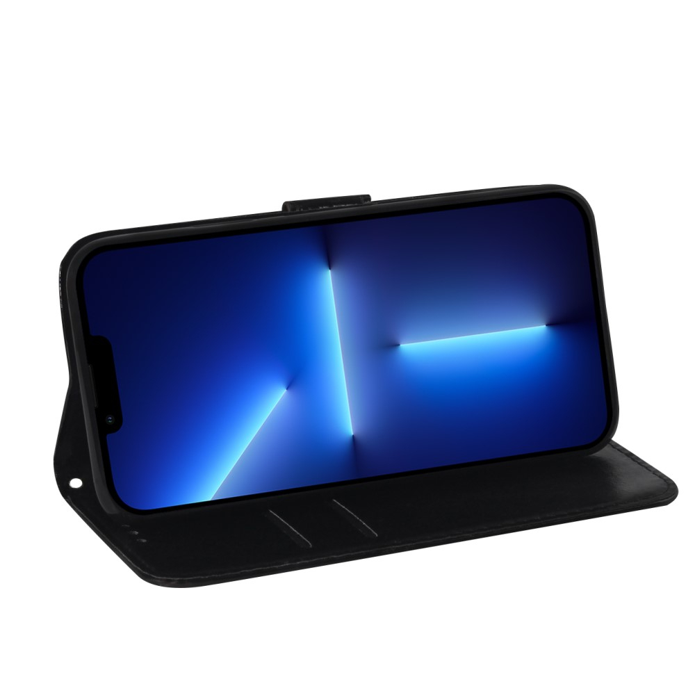 iPhone 13 Pro Leder Tasche Wallet mit Flower Laser Hologramm - Violett