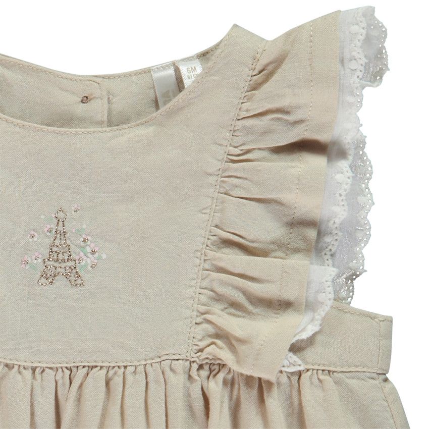 Robe body à manches volantées et Tour Eiffel brodée pour bébé fille - Ecru