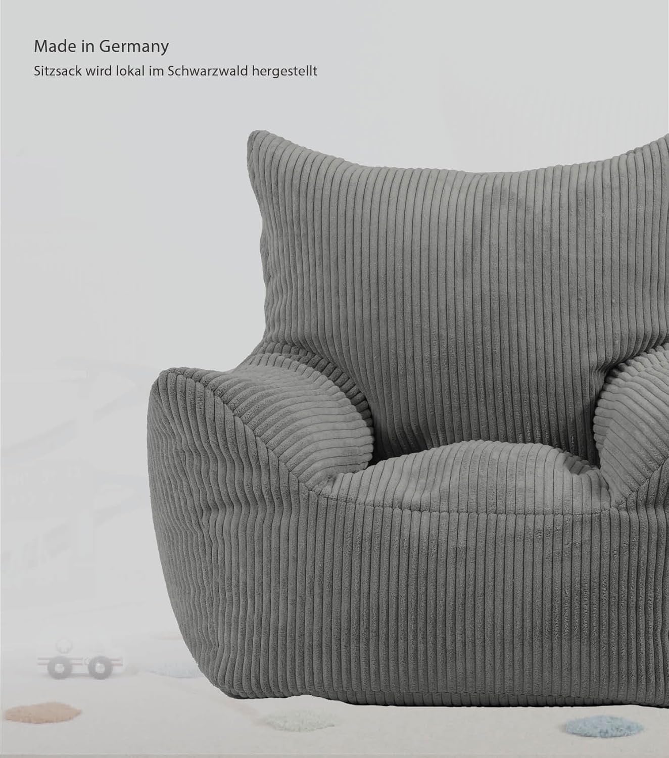 mokebo Kindersessel aus Cord 'Der Pausenheld', Sitzsack Kinder mit Füllung, auch als Lesesessel oder Sitzkissen fürs Kinderzimmer, Kindersitzsack oder Sessel für Kinder aus Cordstoff in Anthrazit