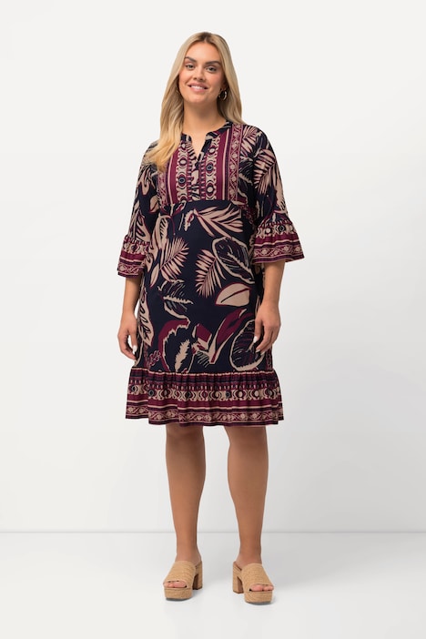 Minikleid, Blätter, A-Linie, V-Ausschnitt, 3/4-Arm