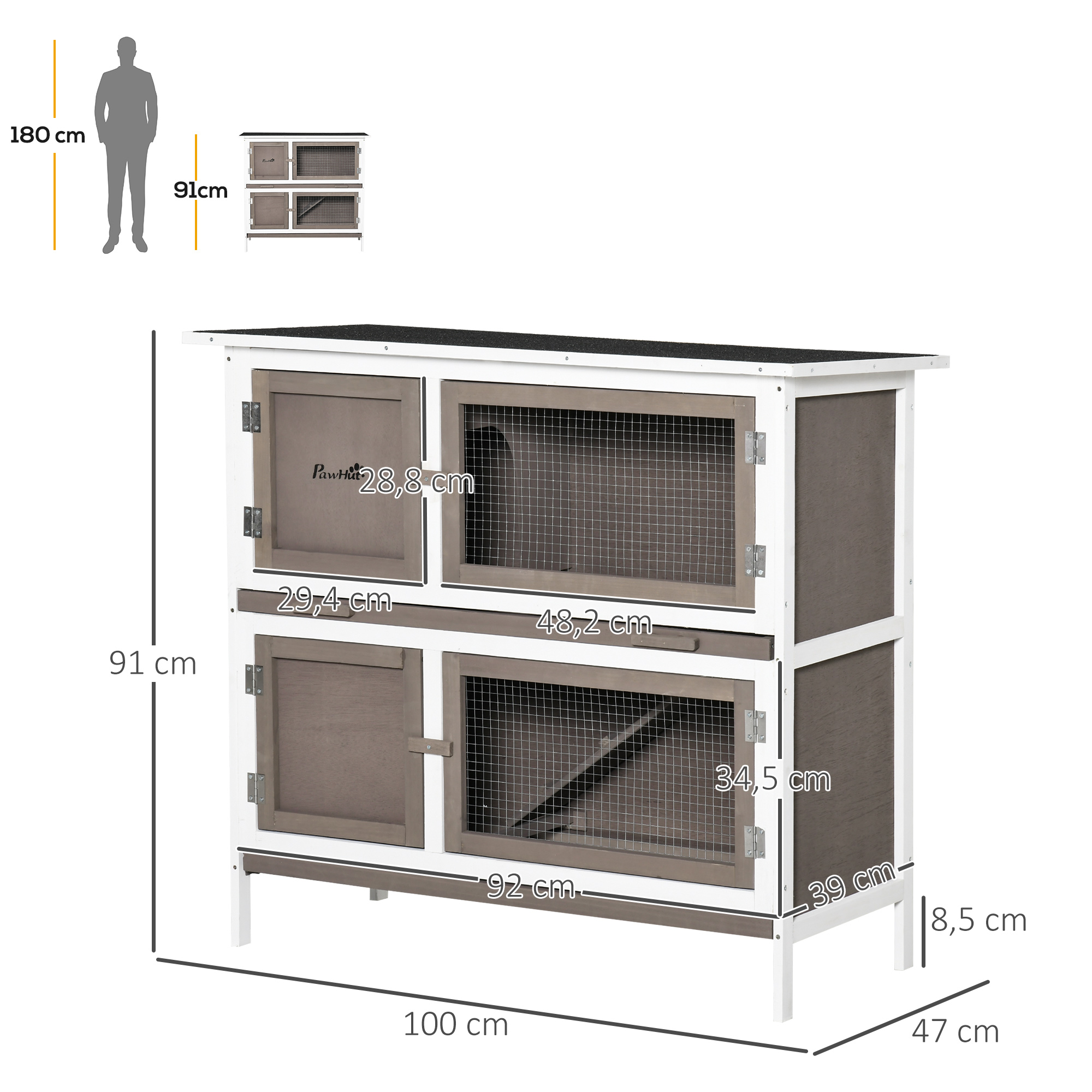 Gaiola de madeira PawHut para coelhos, com 2 andares, 100x47x91 cm, telhado de asfalto, portas com trava, bandejas removíveis e rampa para 2 coelhos, marrom.