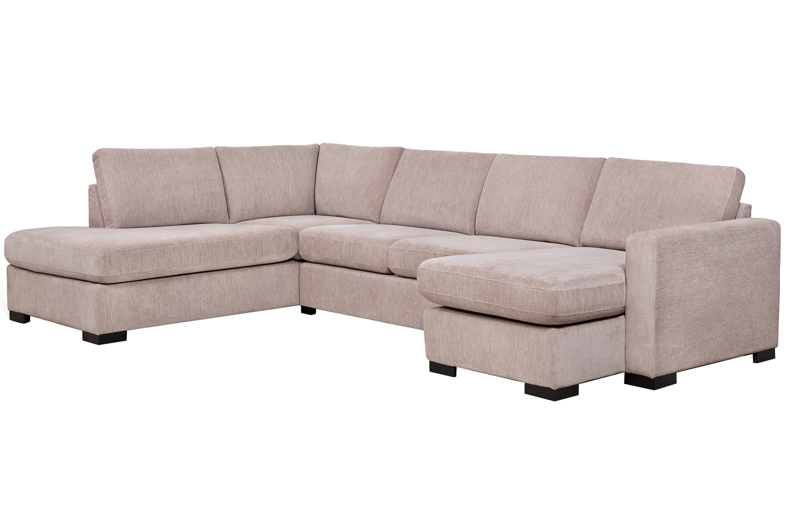 Pixel U-sofa Åpen ende venstre, hjørne, 2-seter og sjeselong høyre i tekstil Daisy 01 Beige med lav front, sorte treben W02 og arm A15. Komfort 2 puter.