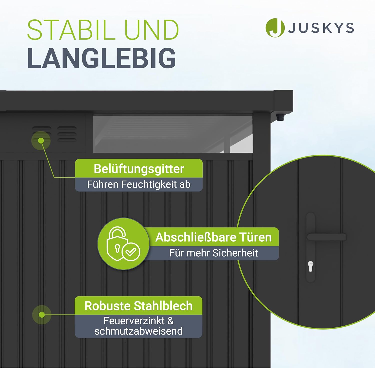 Juskys Gerätehaus Luzern Pro 6,8 m² - Metall Geräteschuppen mit Türen & Fenstern - wetterfest & abschließbar - Fahrradgarage, Gartenhaus - Anthrazit