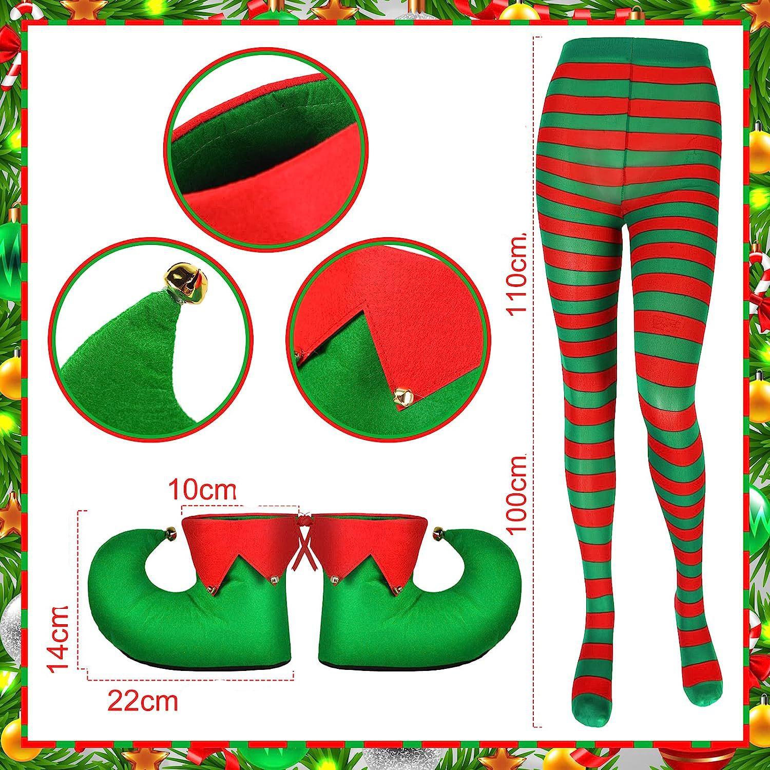 (5-tlg. Set) Christmas Erwachsenen Kostüm Weihnachts Elfen Verkleidung für Motto Partys inkl. Schürze / Strumpfhose / Hausschuhe / Mütze (OneSize)