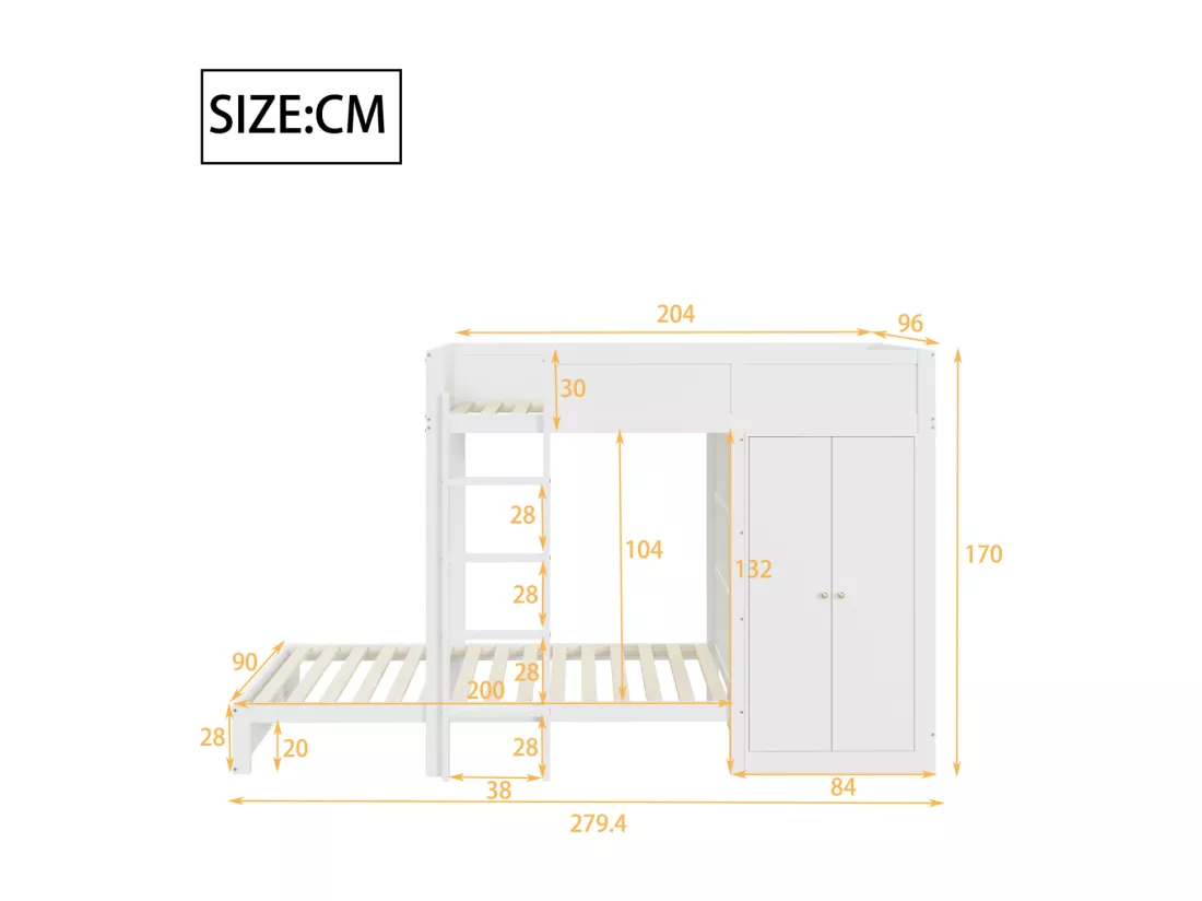 Lit superposé 90x200cm, lit enfant avec armoire, barrière de sécurité haute, lit ado, blanc