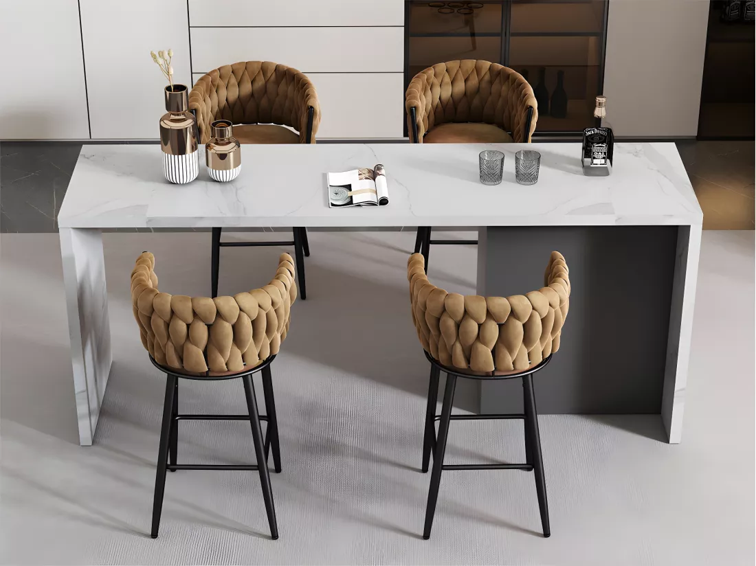 Lot de 4 Tabourets de bar - tissu en velours - pieds en métal - Marron