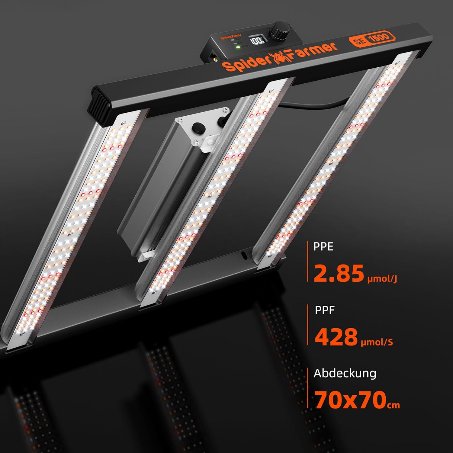 Spider Farmer SE1500 LED Grow Lampe mit Samsung LM301H EVO Dioden, Smarte APP Steuerung, 70x70CM 150W LED Pflanzenlampe Dimmbar Vollspektrum Grow Light