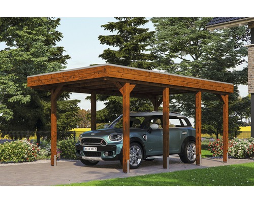 SKAN HOLZ Friesland enkele carport inclusief EPDM dakbedekking en H-paalankers, 314 x 555 cm, notenhout
