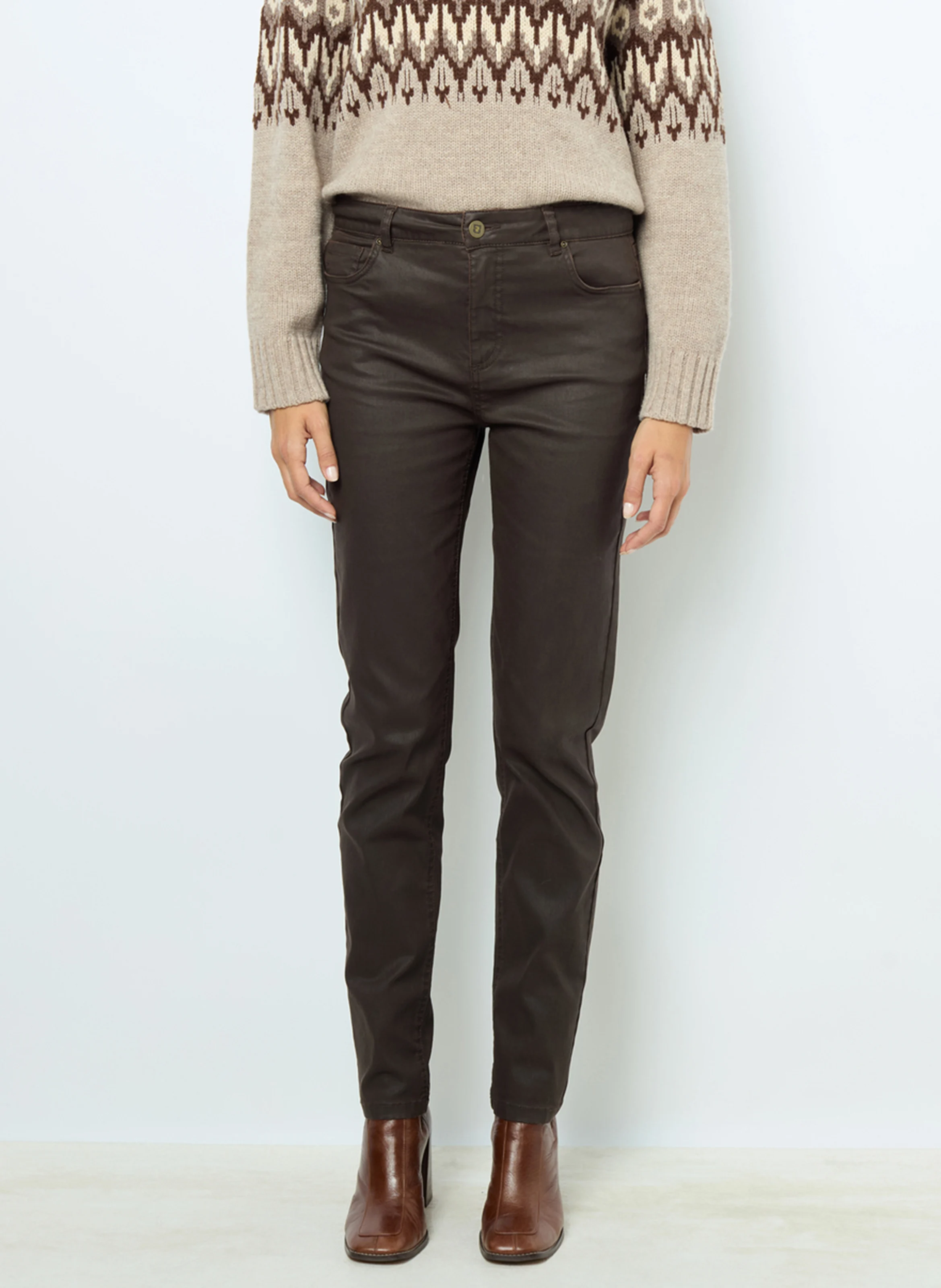 NOURIA - Jean slim effet enduit en coton mélangé | Marron