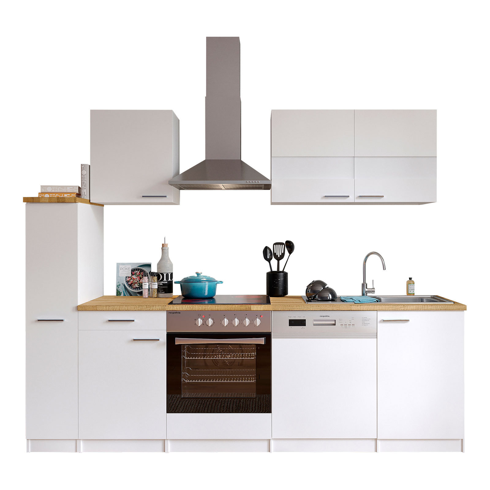 RESPEKTA Küchenblock - weiß - mit E-Geräten - 250 cm