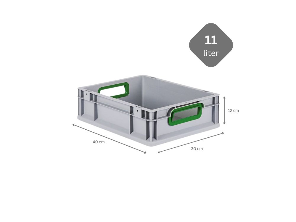 PROREGAL Eurobox Nextgen Kleur HxBxD 12 x 30 x 40 cm 11 Liter Handgrepen Groen Open Gladde Bodem Euro Container Transportbox